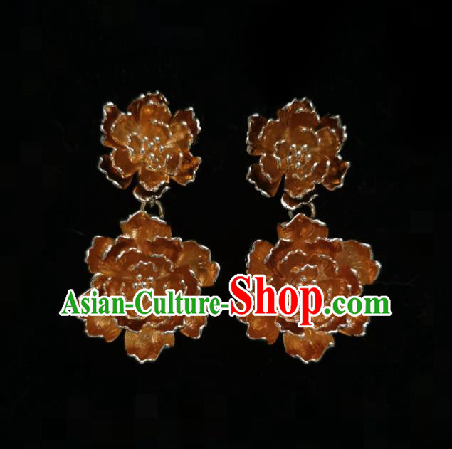 Chinese Handmade Qing Dynasty Brass Peony Earrings Traditional Hanfu Ear Jewelry Accessories Classical Court Eardrop for Women