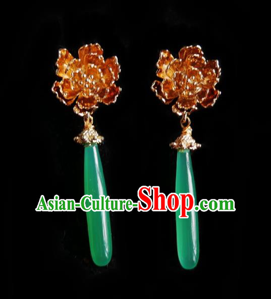 Chinese Handmade Qing Dynasty Brass Peony Earrings Traditional Hanfu Ear Jewelry Accessories Classical Court Jade Eardrop for Women