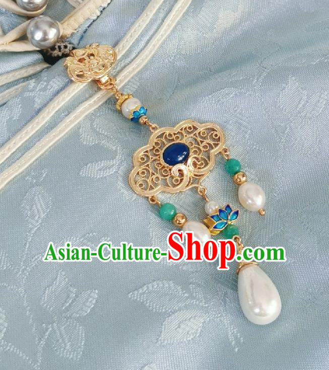 Chinese Classical Golden Brooch Traditional Hanfu Cheongsam Accessories Handmade Blueing Lotus Breastpin Pendant for Women