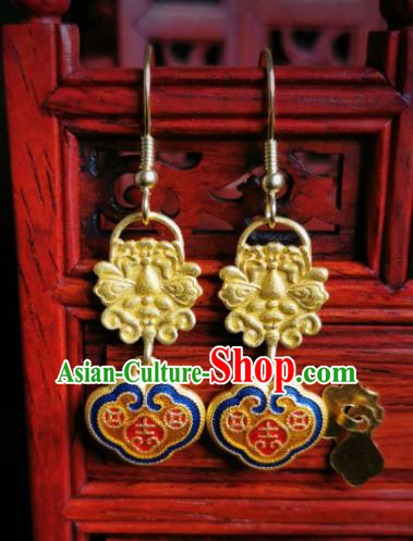 Chinese Handmade Qing Dynasty Blueing Lock Earrings Traditional Hanfu Ear Jewelry Accessories Classical Court Silver Eardrop for Women