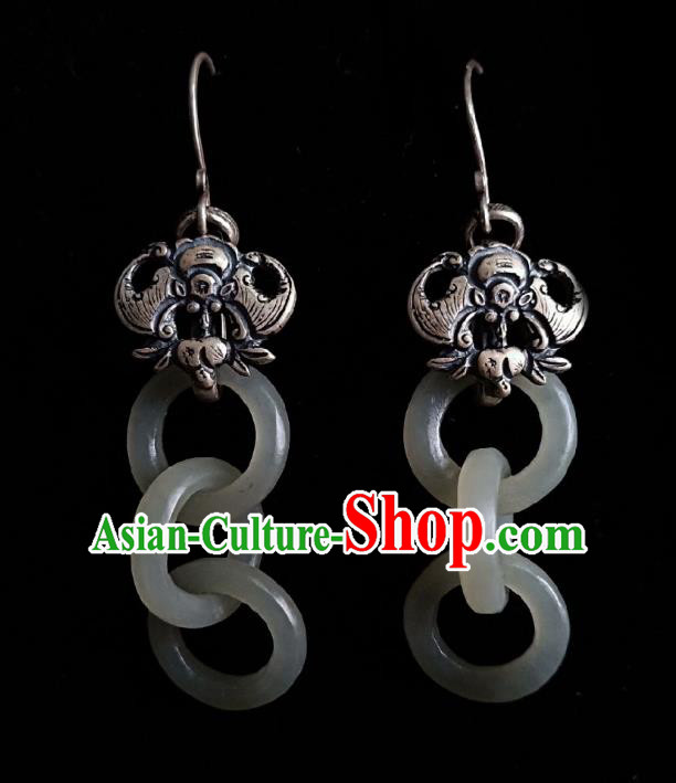 Chinese Handmade Court White Jade Rings Earrings Traditional Hanfu Ear Jewelry Accessories Classical Silver Bat Eardrop for Women