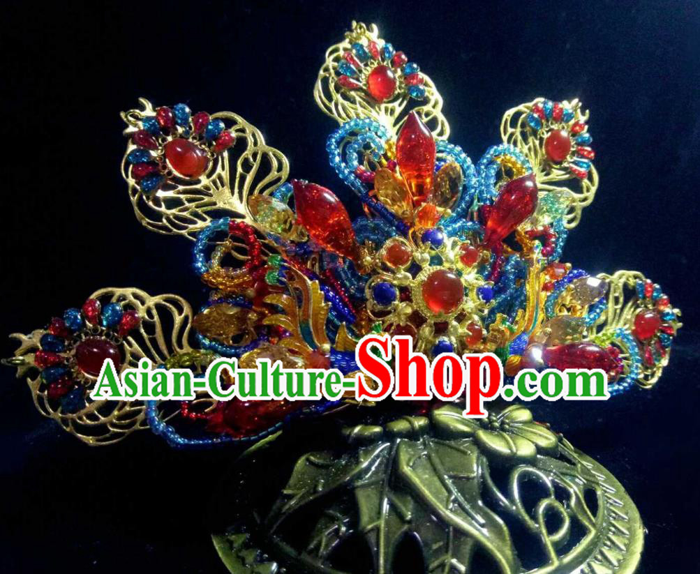 Handmade Chinese Bride Gems Hair Crown Hairpins Traditional Hanfu Hair Accessories Ancient Qing Dynasty Court Hair Clip for Women