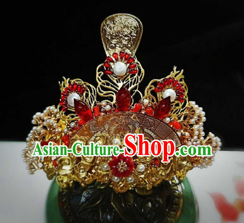 Handmade Chinese Golden Hair Crown Hairpins Traditional Hanfu Hair Accessories Ancient Qing Dynasty Hair Clip for Women