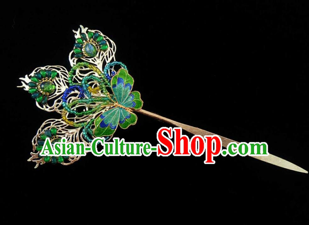 Handmade Chinese Green Beads Butterfly Hairpins Traditional Hanfu Hair Accessories Ancient Qing Dynasty Hair Clip for Women