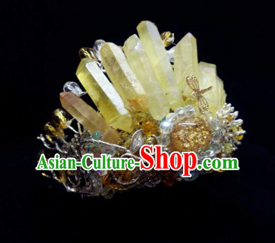Handmade Chinese Yellow Crystal Hair Crown Hairpins Traditional Hanfu Hair Accessories Ancient Court Hair Clip for Women