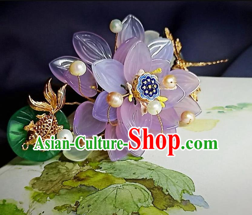 Handmade Chinese Purple Lotus Goldfish Hairpins Traditional Hanfu Hair Accessories Ancient Court Hair Clip for Women