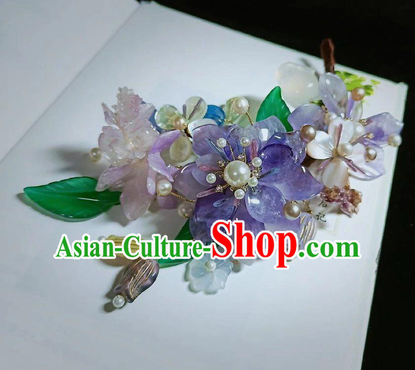 Handmade Chinese Amethyst Flowers Hair Stick Hairpins Traditional Hanfu Hair Accessories Ancient Court Hair Claw for Women