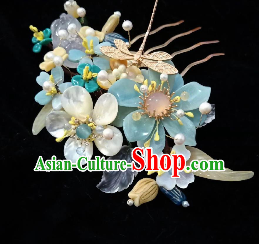 Handmade Chinese Amazonite Flowers Hair Stick Hairpins Traditional Hanfu Hair Accessories Ancient Court Dragonfly Hair Claw for Women