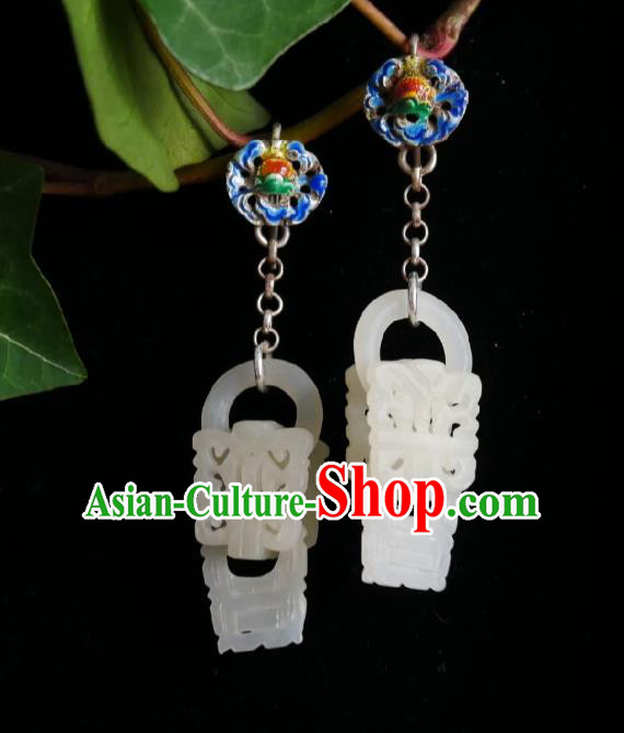 Chinese Handmade Court Jade Lock Earrings Traditional Hanfu Ear Jewelry Accessories Classical Cloisonne Eardrop for Women