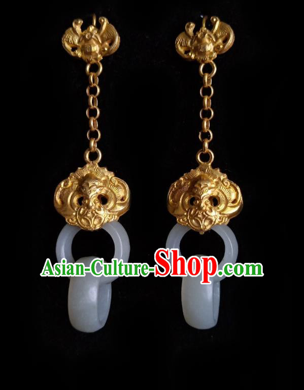 Chinese Handmade Court Carving Golden Earrings Traditional Hanfu Ear Jewelry Accessories Classical Jade Rings Eardrop for Women