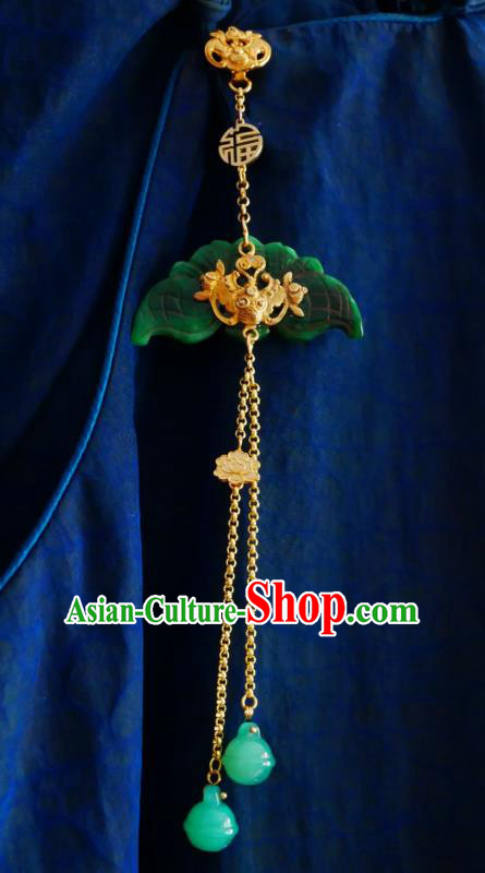 Chinese Classical Golden Bat Brooch Traditional Hanfu Cheongsam Accessories Handmade Jade Tassel Breastpin Pendant for Women