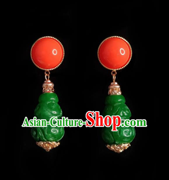 Chinese Handmade Qing Dynasty Green Carving Cucurbit Earrings Traditional Hanfu Ear Jewelry Accessories Classical Court Eardrop for Women