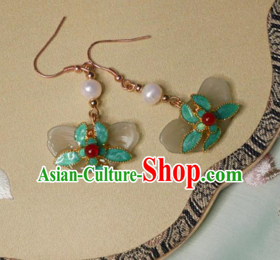 Chinese Handmade Qing Dynasty Green Flower Earrings Traditional Hanfu Ear Jewelry Accessories Classical Court Jade Butterfly Eardrop for Women