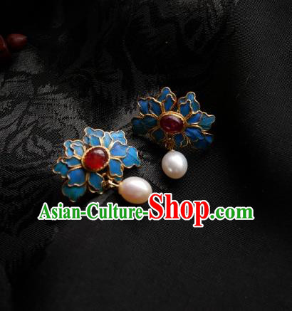 Chinese Handmade Qing Dynasty Blue Peony Earrings Traditional Hanfu Ear Jewelry Accessories Classical Pearl Eardrop for Women