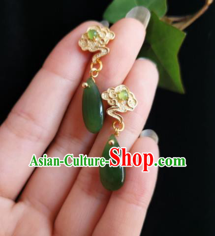 Chinese Handmade Qing Dynasty Golden Cloud Earrings Traditional Hanfu Ear Jewelry Accessories Classical Court Jade Eardrop for Women