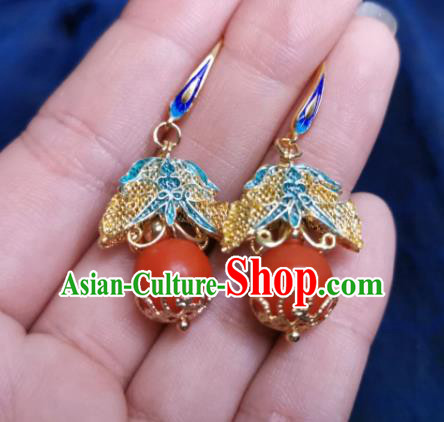 Chinese Handmade Qing Dynasty Red Bead Earrings Traditional Hanfu Ear Jewelry Accessories Classical Eardrop for Women
