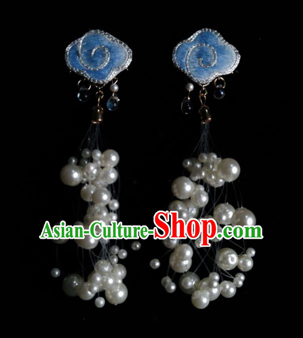 Chinese Handmade Embroidered Blue Cloud Earrings Traditional Hanfu Ear Jewelry Accessories Classical Pearls Eardrop for Women