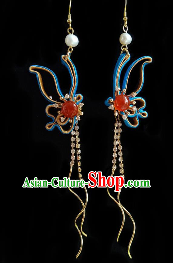 Chinese Handmade Silk Butterfly Earrings Traditional Hanfu Ear Jewelry Accessories Classical Agate Crystal Tassel Eardrop for Women