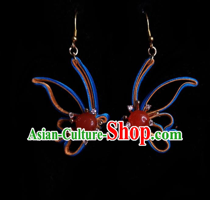 Chinese Handmade Silk Butterfly Earrings Traditional Hanfu Ear Jewelry Accessories Classical Agate Eardrop for Women