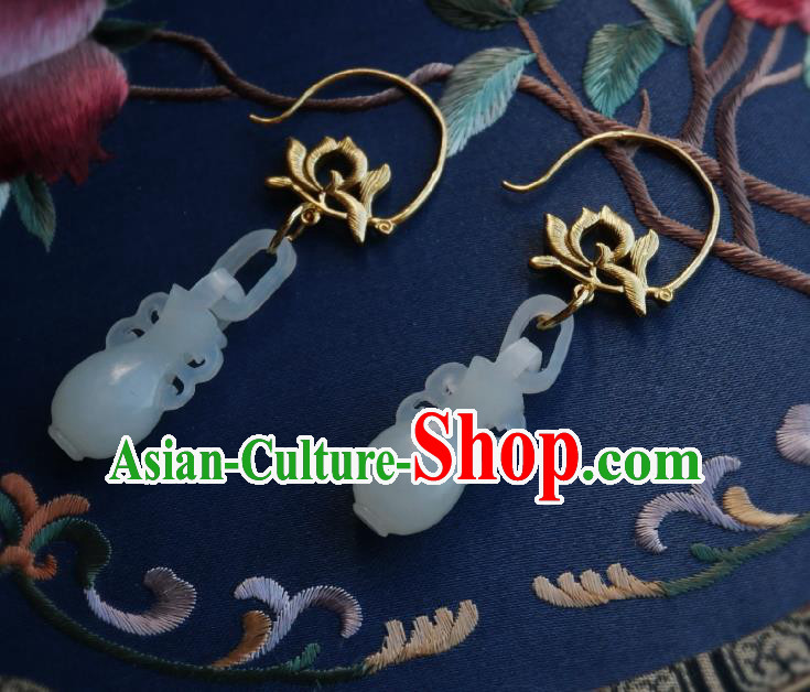 Chinese Handmade Golden Lotus Earrings Traditional Hanfu Ear Jewelry Accessories Classical Jade Vase Eardrop for Women