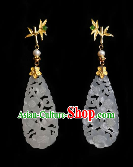 Chinese Handmade Golden Bamboo Earrings Traditional Hanfu Ear Jewelry Accessories Classical Jade Carving Eardrop for Women