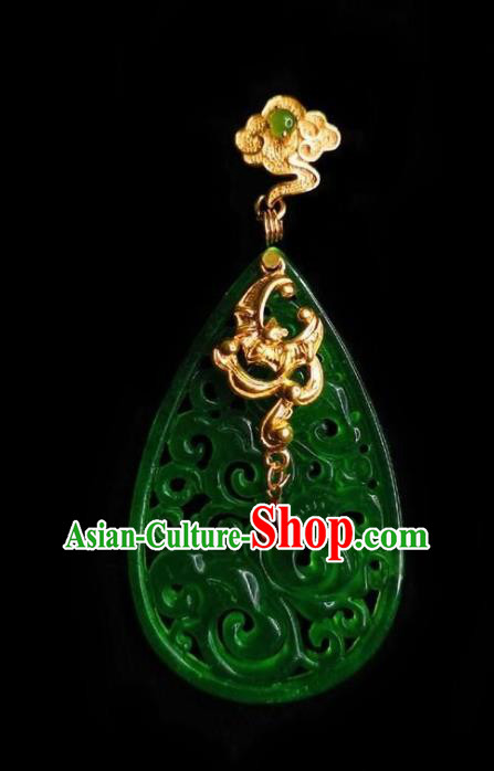Chinese Handmade Golden Cloud Earrings Traditional Hanfu Ear Jewelry Accessories Classical Green Jade Eardrop for Women