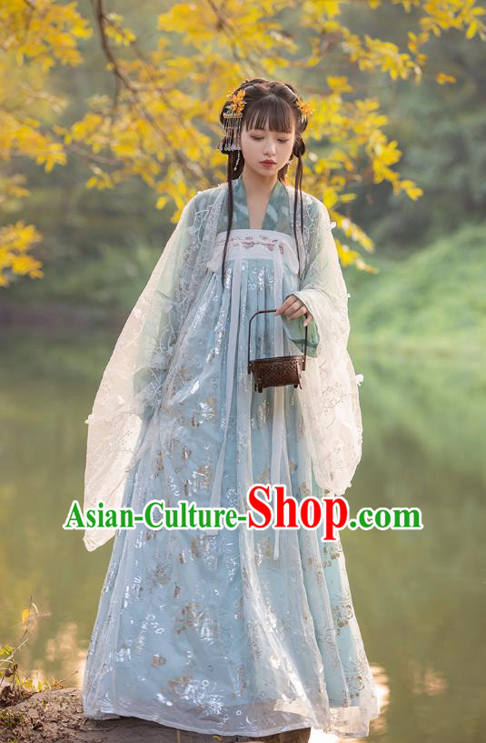 Top Chinese Tang Dynasty Embroidered Costumes Traditional Hanfu Garment Ancient Young Lady Cloak Blouse and Dress Complete Set