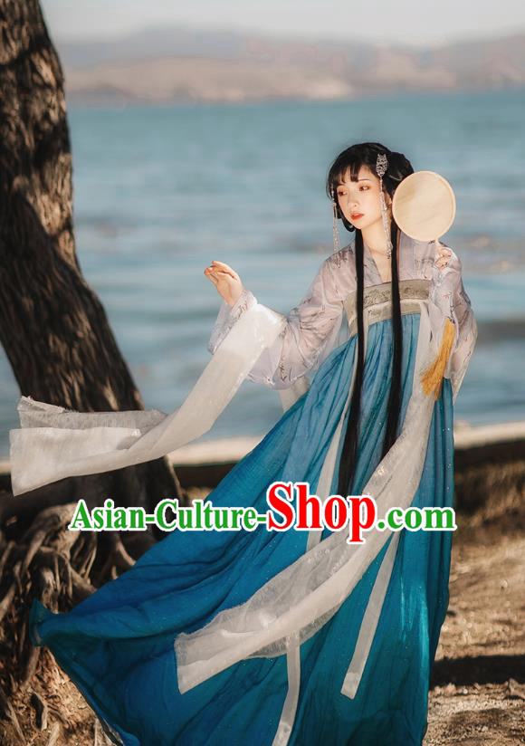 Chinese Tang Dynasty Historical Costumes Traditional Hanfu Garment Ancient Princess Blouse and Blue Chiffon Dress Complete Set