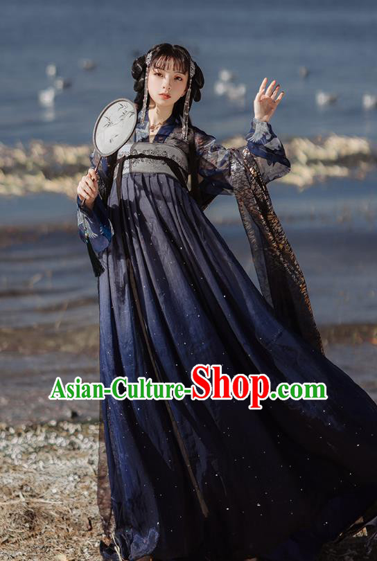 Chinese Tang Dynasty Court Lady Historical Costumes Traditional Hanfu Garment Ancient Princess Navy Blouse and Chiffon Dress for Women