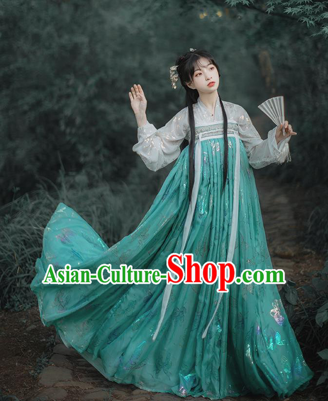 Chinese Tang Dynasty Royal Princess Historical Costumes Traditional Hanfu Garment Ancient Noble Lady Blouse and Green Chiffon Dress Full Set