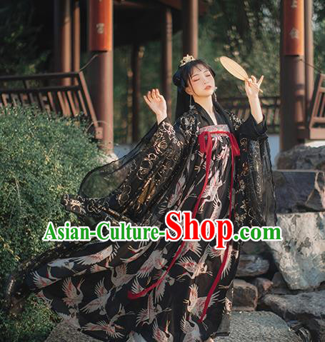 Chinese Tang Dynasty Black Chiffon Cloak Blouse and Dress Traditional Hanfu Garment Ancient Royal Princess Historical Costumes Full Set