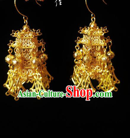 Chinese Handmade Court Golden Earrings Traditional Hanfu Ear Jewelry Accessories Classical Qing Dynasty Palace Eardrop for Women