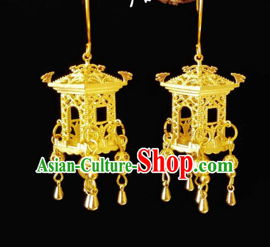 Chinese Handmade Palace Golden Earrings Traditional Hanfu Ear Jewelry Accessories Classical Ming Dynasty Tassel Eardrop for Women