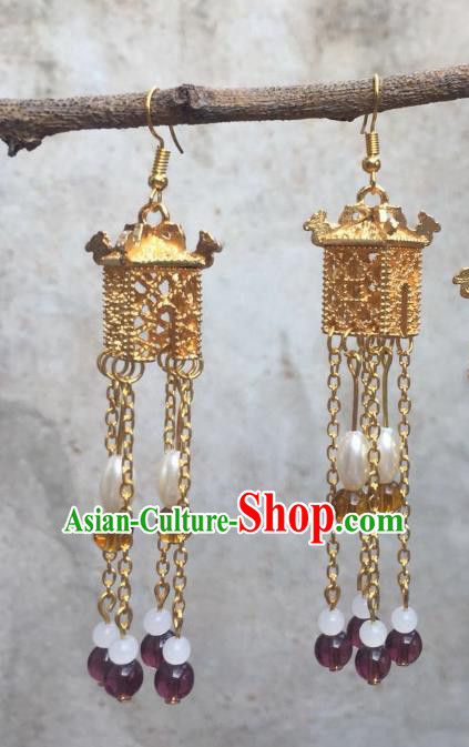 Chinese Handmade Golden Pavilion Earrings Traditional Hanfu Ear Jewelry Accessories Classical Qipao Tassel Eardrop for Women