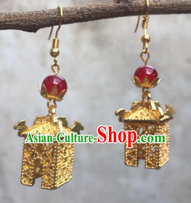 Chinese Handmade Earrings Traditional Hanfu Ear Jewelry Accessories Classical Qing Dynasty Golden Pavilion Eardrop for Women