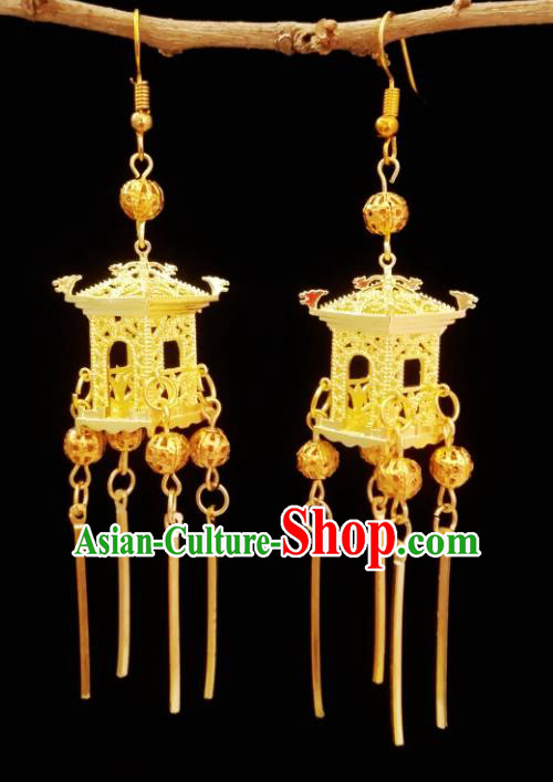 Chinese Handmade Tassel Earrings Traditional Hanfu Ear Jewelry Accessories Classical Qing Dynasty Golden Pavilion Eardrop for Women