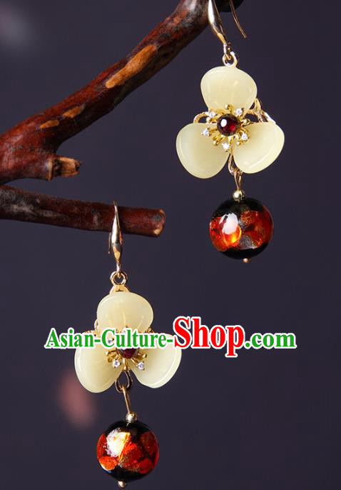 Traditional Chinese Yellow Flower Ear Accessories Handmade Eardrop National Cheongsam Garnet Earrings for Women