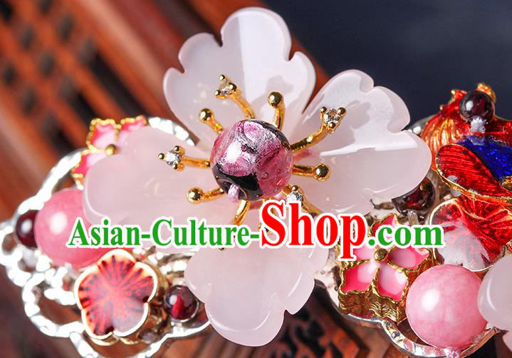 Chinese Traditional Cloisonne Red Bird Hair Claw Hair Accessories Decoration Handmade Hair Accessories Pink Flowers Hair Stick for Women