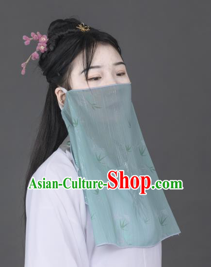 Chinese Traditional Ancient Female Swordsman Light Green Chiffon Printing Face Veil Hanfu Dance Mask Headwear for Women