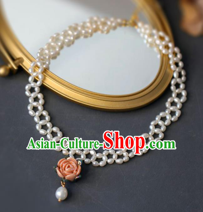 Baroque Handmade Pink Rose Necklace Jewelry Accessories European Retro Princess Necklet for Women