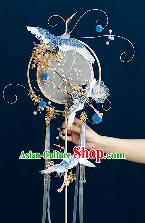 Top Grade Chinese Classical Wedding Blue Ribbon Fan Accessories Handmade Ancient Bride Embroidered Round Fans for Women