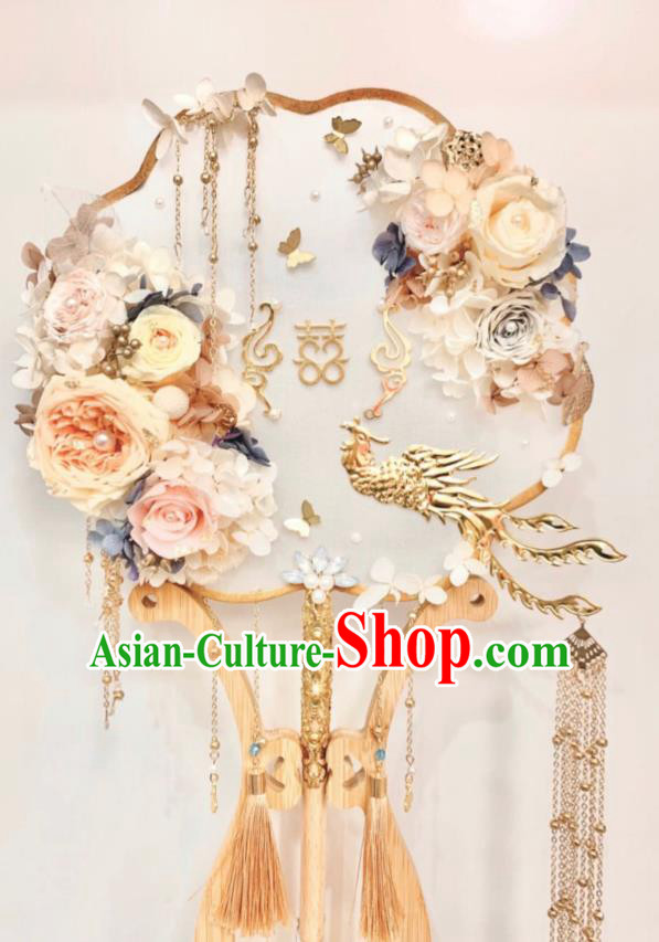 Top Grade Chinese Classical Wedding Champagne Peony Fan Accessories Handmade Ancient Bride Golden Phoenix Tassel Palace Fans for Women