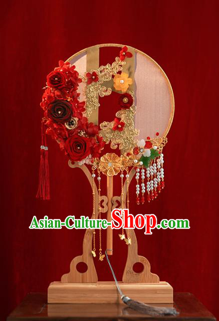 Top Grade Chinese Classical Wedding Red Roses Round Fan Accessories Handmade Ancient Bride Tassel Palace Fans for Women