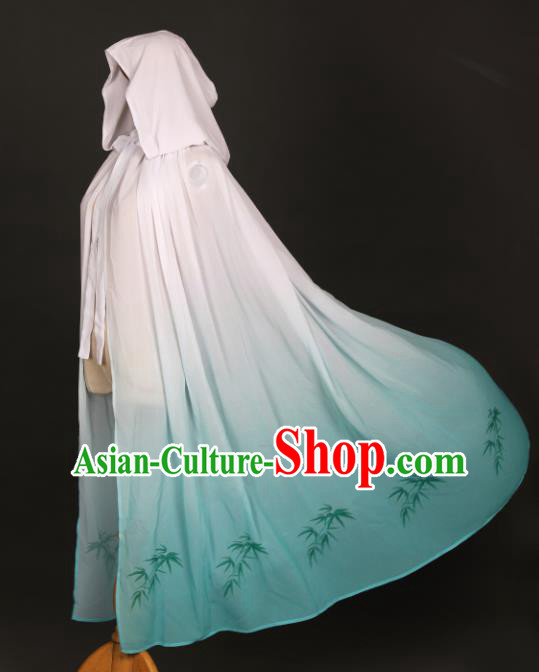 Traditional Chinese Hanfu Light Green Chiffon Cloak Ancient Costume Printing Bamboo Cape with Cap for Women