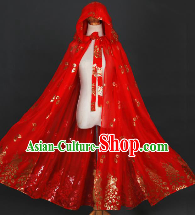 Traditional Chinese Hanfu Printing Peacock Red Cloak Ancient Costume Chiffon Cape with Cap for Women