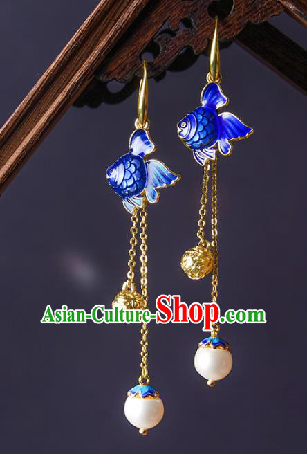 Traditional Chinese Blueing Goldfish Ear Accessories Handmade Eardrop National Cheongsam Golden Tassel Earrings for Women