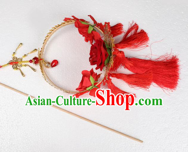 Chinese Handmade Stage Show Prop Decoration Traditional Red Roses Lantern Tassel Portable Lamp