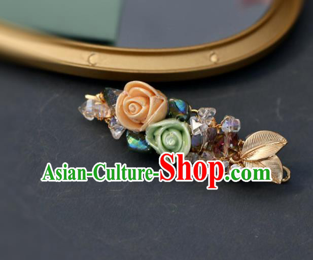 Handmade Retro Yellow and Green Roses Hair Claw Top Grade Hair Accessories Hair Stick Hair Pin for Women