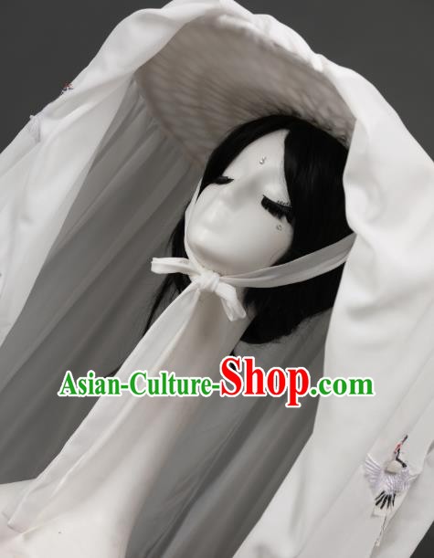Chinese Traditional Ancient Swordsman Headwear Handmade Hanfu Embroidered Crane White Veil Bamboo Hat for Women