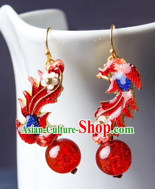 Traditional Chinese Red Phoenix Ear Accessories Handmade Eardrop National Cheongsam Glass Earrings for Women